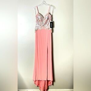 Sherri Hill Beaded Coral/Silver Front Slit Evening Gown Size 4, NWT